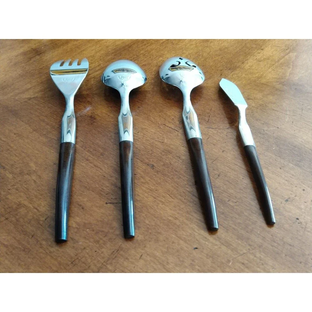 Lot 4x Serving Pieces Ekco Eterna La Joya Stainless Faux Wood Flatwar MCM EKS14